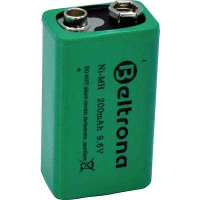Een groene 9,6V Ni-MH batterij met 'Beltrona', 200mAh capaciteit, en veiligheidswaarschuwingen op de zijkant.