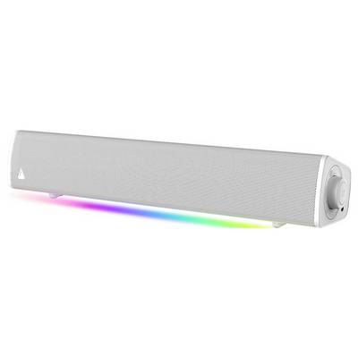 Een witte soundbar met een strak design beschikt over een kleurrijke LED-lichtstrip eronder, die een regenboogeffect vertoont.