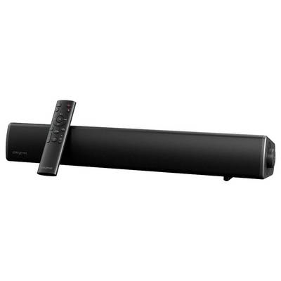 Een zwarte soundbar met een bijpassende afstandsbediening die ertegenaan rust. De soundbar is strak en minimalistisch, ontworpen door Creative.