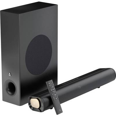 Een strakke zwarte soundbar en subwoofer set met een afstandsbediening, ontworpen om thuisaudiosystemen te verbeteren met rijk, meeslepend geluid.