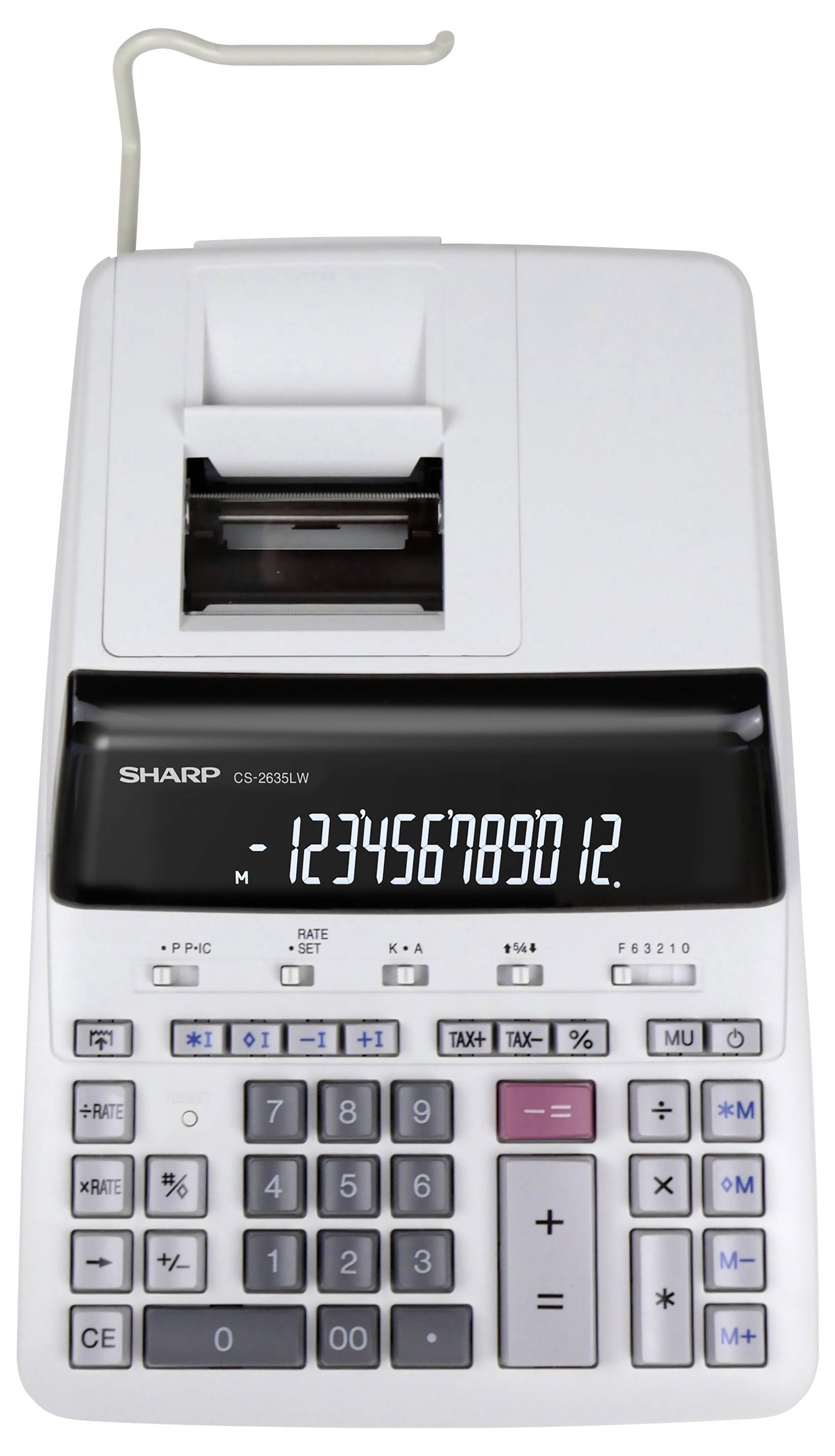 Een elektronische rekenmachine met een papieren rol, die getallen toont op een digitaal scherm, gebruikt voor financiële of boekhoudkundige taken.