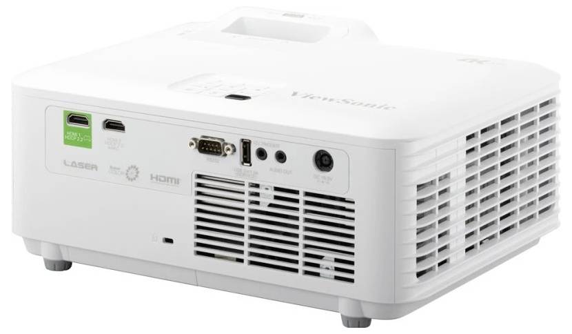 'Een witte ViewSonic projector met verschillende invoerpoorten, waaronder HDMI en VGA, en een geventileerde zijkant voor koeling.'