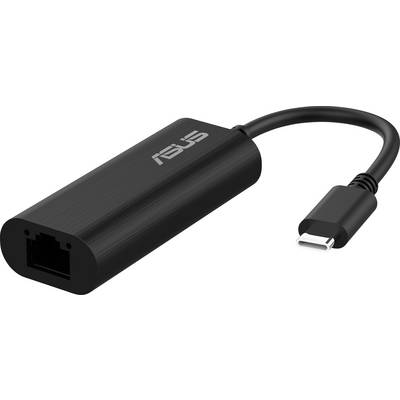 Een zwarte ASUS USB-C Ethernet-adapter met een USB-C-connector aan de ene kant en een Ethernetpoort aan de andere kant voor netwerkverbinding.