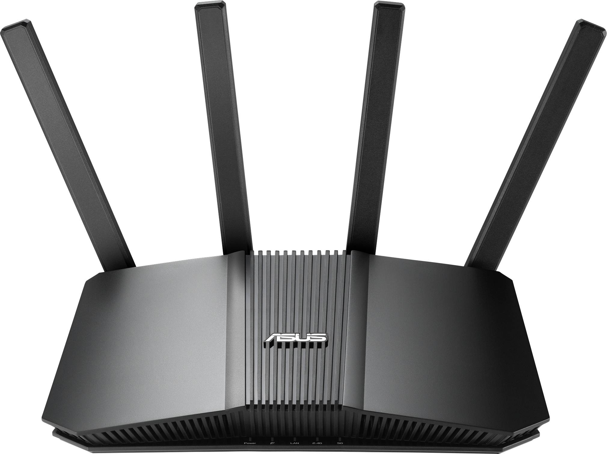 Een zwarte draadloze router met vier antennes die omhoog steken, met het 'Asus' logo op de voorkant.