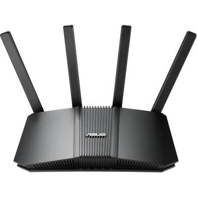 Een zwarte draadloze router met vier antennes die omhoog steken, met het 'Asus' logo op de voorkant.