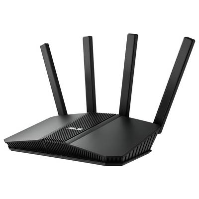 Een zwarte draadloze router met vier antennes, ontworpen voor verbeterde connectiviteit en bereik in huis- of kantooromgevingen.
