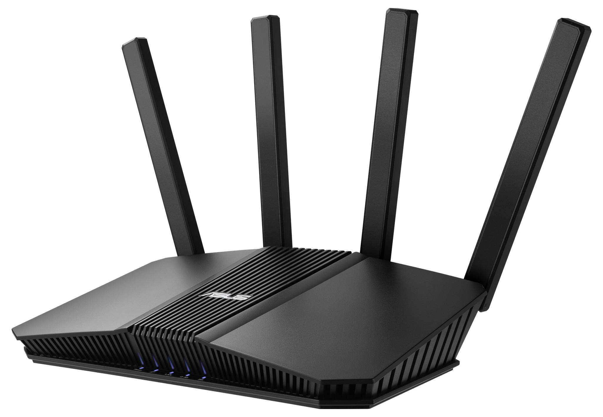 Een zwarte draadloze router met vier antennes die omhoog zijn gericht, ontworpen voor hoogsnelle internetverbinding in huis- of kantooromgevingen.