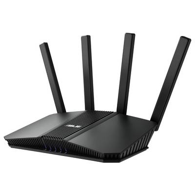 Een zwarte draadloze router met vier antennes die omhoog zijn gericht, ontworpen voor hoogsnelle internetverbinding in huis- of kantooromgevingen.