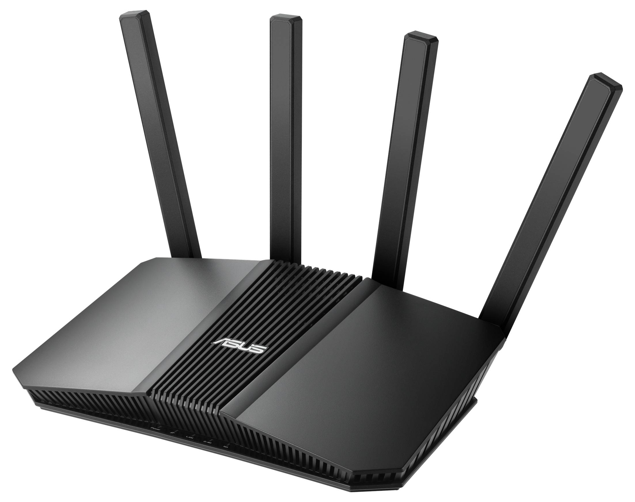 Een zwarte draadloze router met vier antennes, op een witte achtergrond, met het merkenlogo bovenop.