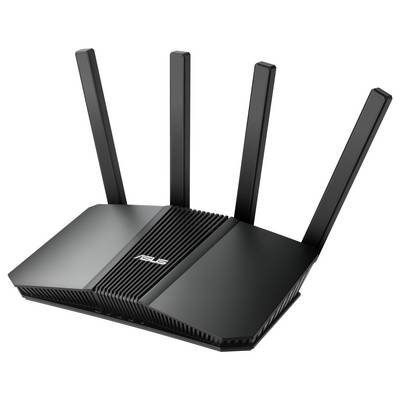 Een zwarte draadloze router met vier antennes, op een witte achtergrond, met het merkenlogo bovenop.