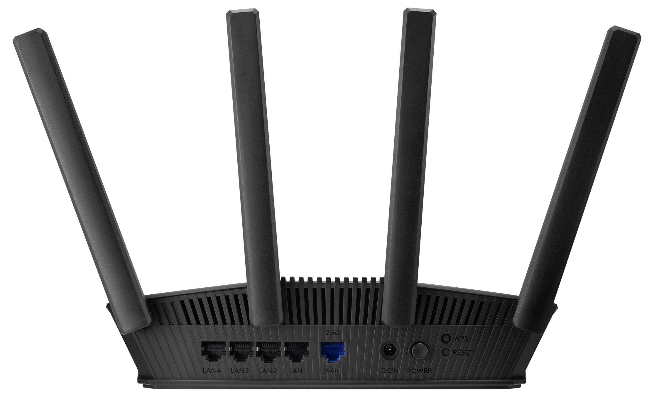 Een zwarte draadloze router met vier antennes, gezien van achteren met verschillende poorten zoals LAN, WAN en stroomaansluitingen.
