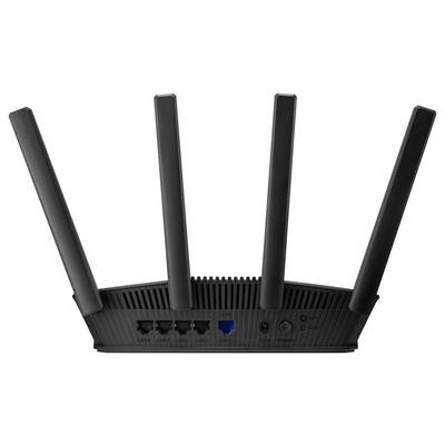 Een zwarte draadloze router met vier antennes, gezien van achteren met verschillende poorten zoals LAN, WAN en stroomaansluitingen.