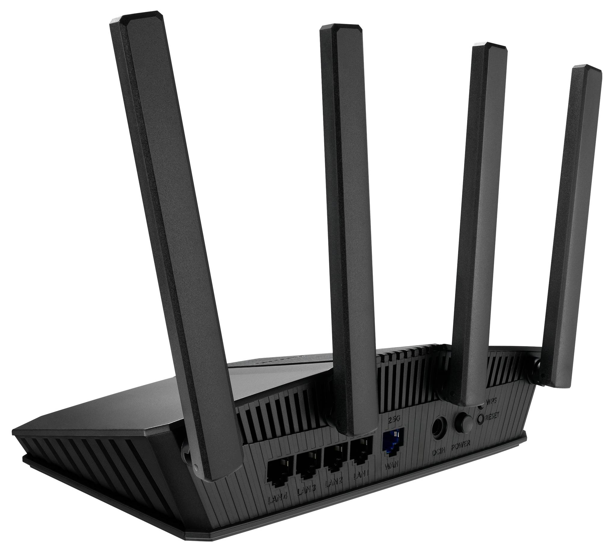 Een zwarte Wi-Fi-router met vier externe antennes, meerdere ethernet-poorten, een aan/uit-knop en een WPS-knop, gezien van achteren.
