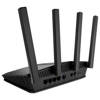 Een zwarte Wi-Fi-router met vier externe antennes, meerdere ethernet-poorten, een aan/uit-knop en een WPS-knop, gezien van achteren.
