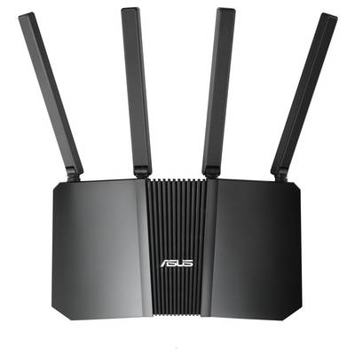 Een zwarte ASUS draadloze router met vier verticaal gepositioneerde antennes, ontworpen voor hoogsnelheidsinternetconnectiviteit.