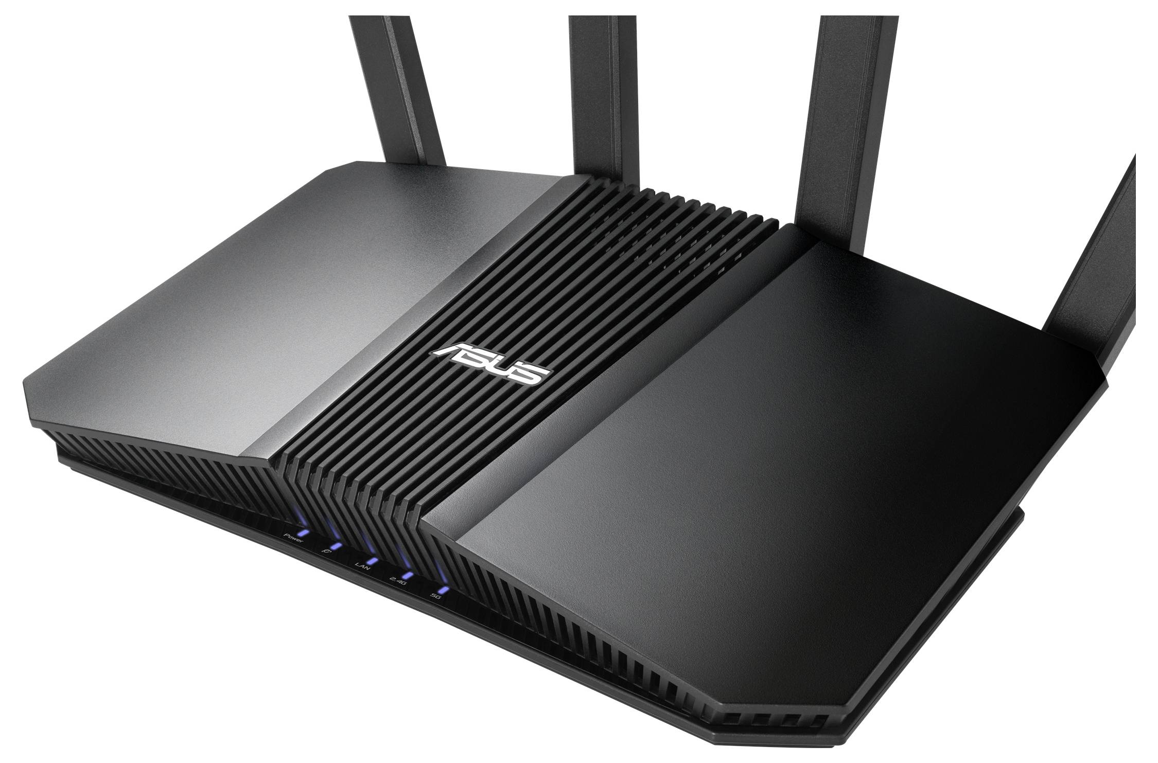 Een zwarte ASUS draadloze router met meerdere antennes, met een strak design en LED-indicatoren aan de voorkant.