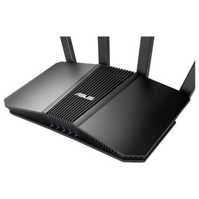 Een zwarte ASUS draadloze router met meerdere antennes, met een strak design en LED-indicatoren aan de voorkant.