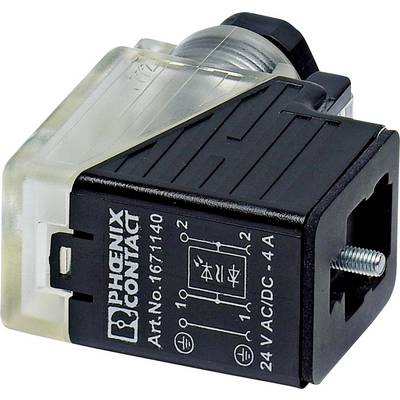 Elektrisch onderdeel gelabeld 'PHOENIX CONTACT', onderdeelnummer 1677140, met diagram dat 24V AC/DC, 4A spanning en stroomsterkte aangeeft.