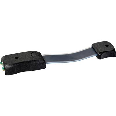Een flexibele elektronische connector met zwarte kunststof behuizingen aan beide uiteinden en een grijze lint-kabel ertussen, gebruikt voor elektrische verbindingen.