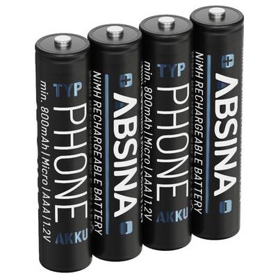 Vier zwarte AAA oplaadbare batterijen, gelabeld met 'ABSINA' en 'PHONE'. Elke batterij heeft een capaciteit van 'min. 800mAh' met een '1.2V' spanning.