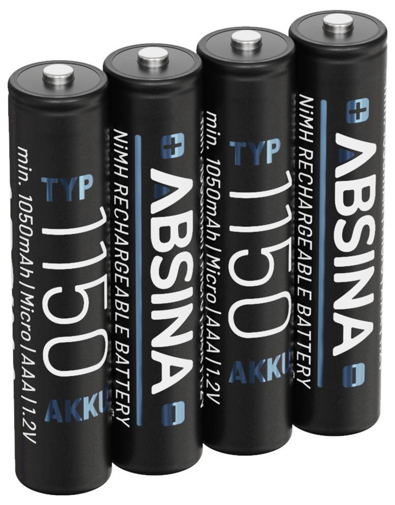 Vier zwarte oplaadbare AAA-batterijen met het label 'ABSINA NiMH 1150 mAh'.