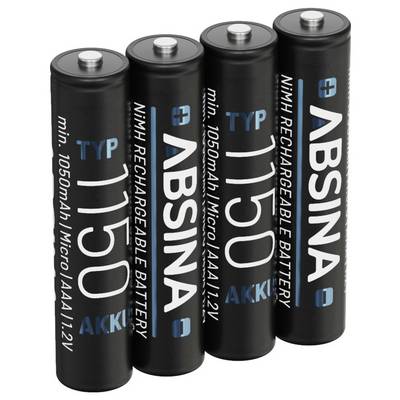 Vier zwarte oplaadbare AAA-batterijen met het label 'ABSINA NiMH 1150 mAh'.