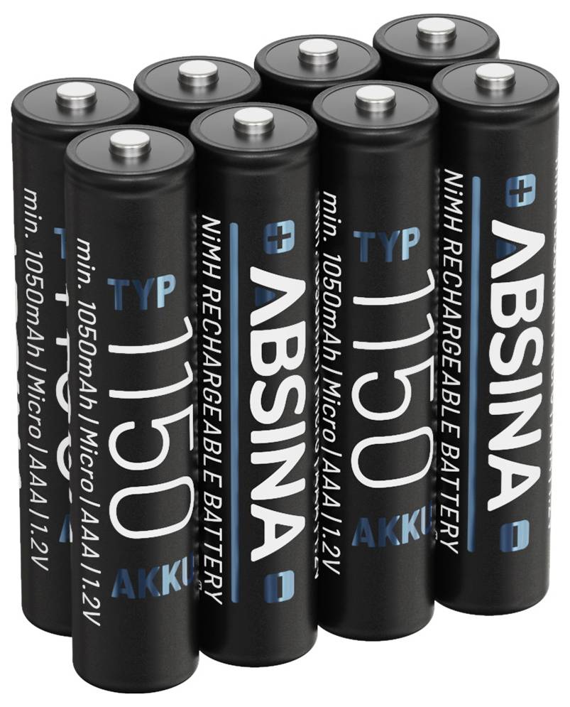Een groep van acht ABSINA oplaadbare NiMH AAA-batterijen, elk met een capaciteit van 1050mAh en een spanning van 1,2V, rechtop gerangschikt.