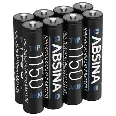 Een groep van acht ABSINA oplaadbare NiMH AAA-batterijen, elk met een capaciteit van 1050mAh en een spanning van 1,2V, rechtop gerangschikt.