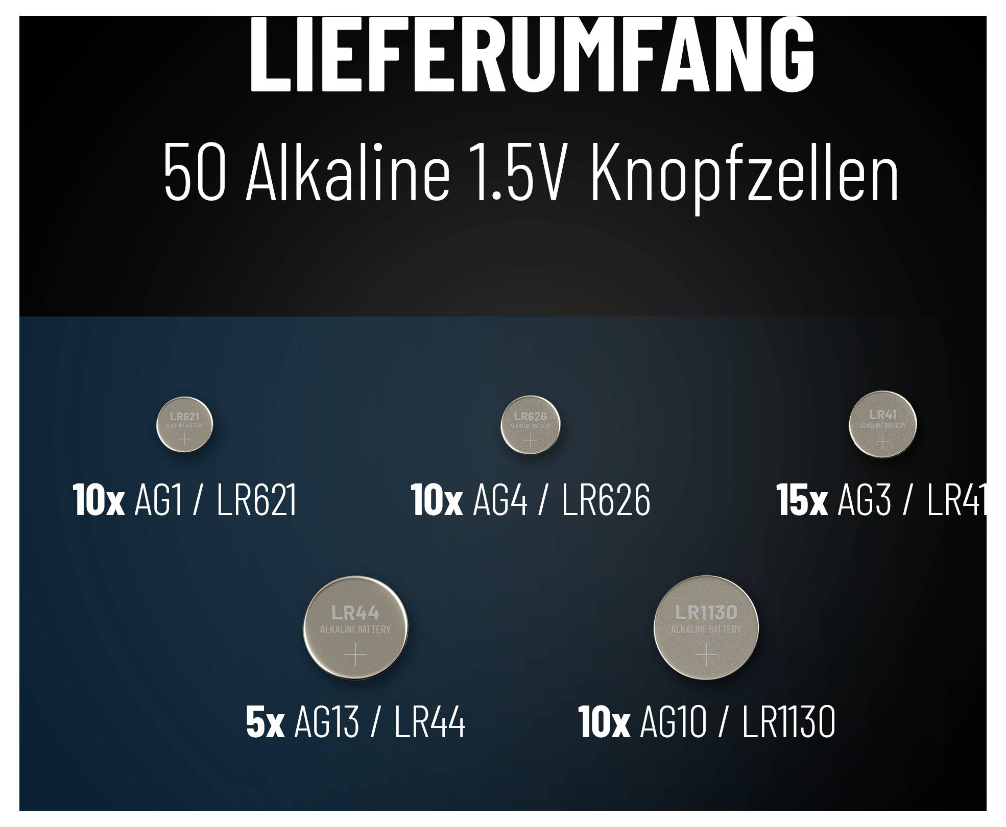 Leveringsomvang: 50 Alkaline 1,5V knoopbatterijen met hoeveelheden: 10x AG1/LR621, 10x AG4/LR626, 15x AG3/LR41, 5x AG13/LR44, 10x AG10/LR1130.