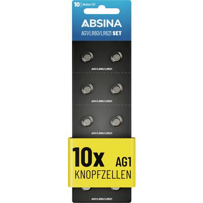 'Absina AG1/LR60/LR621 Alkaline 1.5V Knoopbatterijen, Verpakking van 10'. Heldere verpakking met 10 knoopbatterijen zichtbaar.