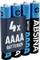 Vier AAAA-batterijen in een verpakking met het opschrift '4x AAAA Batterijen', blauw en zwart van kleur, met plusjes aan de bovenkant.