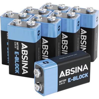 Een groep van acht blauwe en zwarte 9V batterijen met het label 'ABSINA E-BLOCK', waarbij één batterij plat voor de anderen ligt.