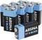 Een groep van acht blauwe en zwarte 9V batterijen met het label 'ABSINA E-BLOCK', waarbij één batterij plat voor de anderen ligt.