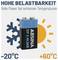 Batterij met 'ABSINA E-BLOCK' tekst, geschikt voor extreme temperaturen van -20°C tot +60°C. Blauw en zwart design met nadruk op duurzaamheid.