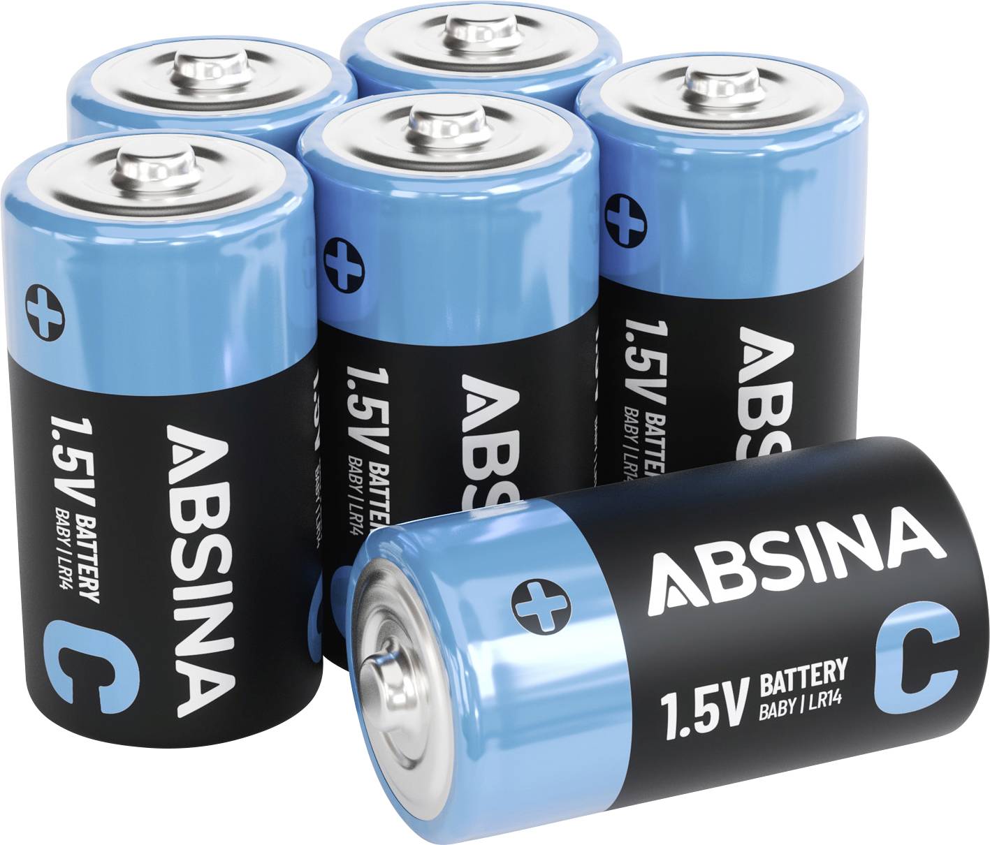 Zes blauwe en zwarte 'ABSINA' 1.5V C batterijen rechtop gerangschikt met één liggende batterij, toont merk en batterijtype.