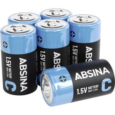 Zes blauwe en zwarte 'ABSINA' 1.5V C batterijen rechtop gerangschikt met één liggende batterij, toont merk en batterijtype.