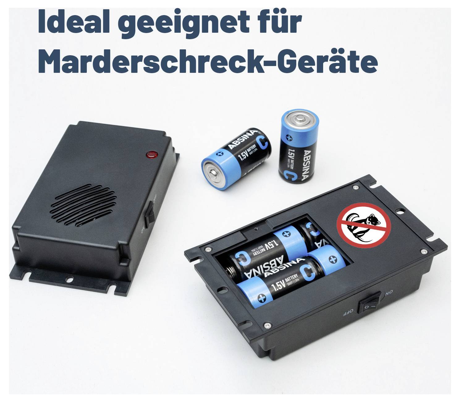 'Ideaal geschikt voor marderafschrikkingsapparaten' tekst boven anti-marder-apparaat met batterijvak. Batterijen zijn gelabeld 1,5V.