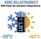 'Hoge belastbaarheid' staat in blauwe tekst boven een batterij met ijs- en zonsymbool. Temperatuurbereik: -20°C tot +60°C.