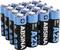 Een cluster van twintig blauwe en zwarte A23 alkaline batterijen, gelabeld als 'ABSINA 12V Alkaline', met een plus-symbool aan de bovenkant, gestapeld in rijen.