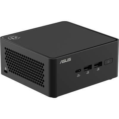 Een compacte ASUS mini-pc met een zwart ontwerp, voorzien van meerdere USB-poorten aan de voorkant, een aan/uit-knop en ventilatieopeningen aan de zijkant.