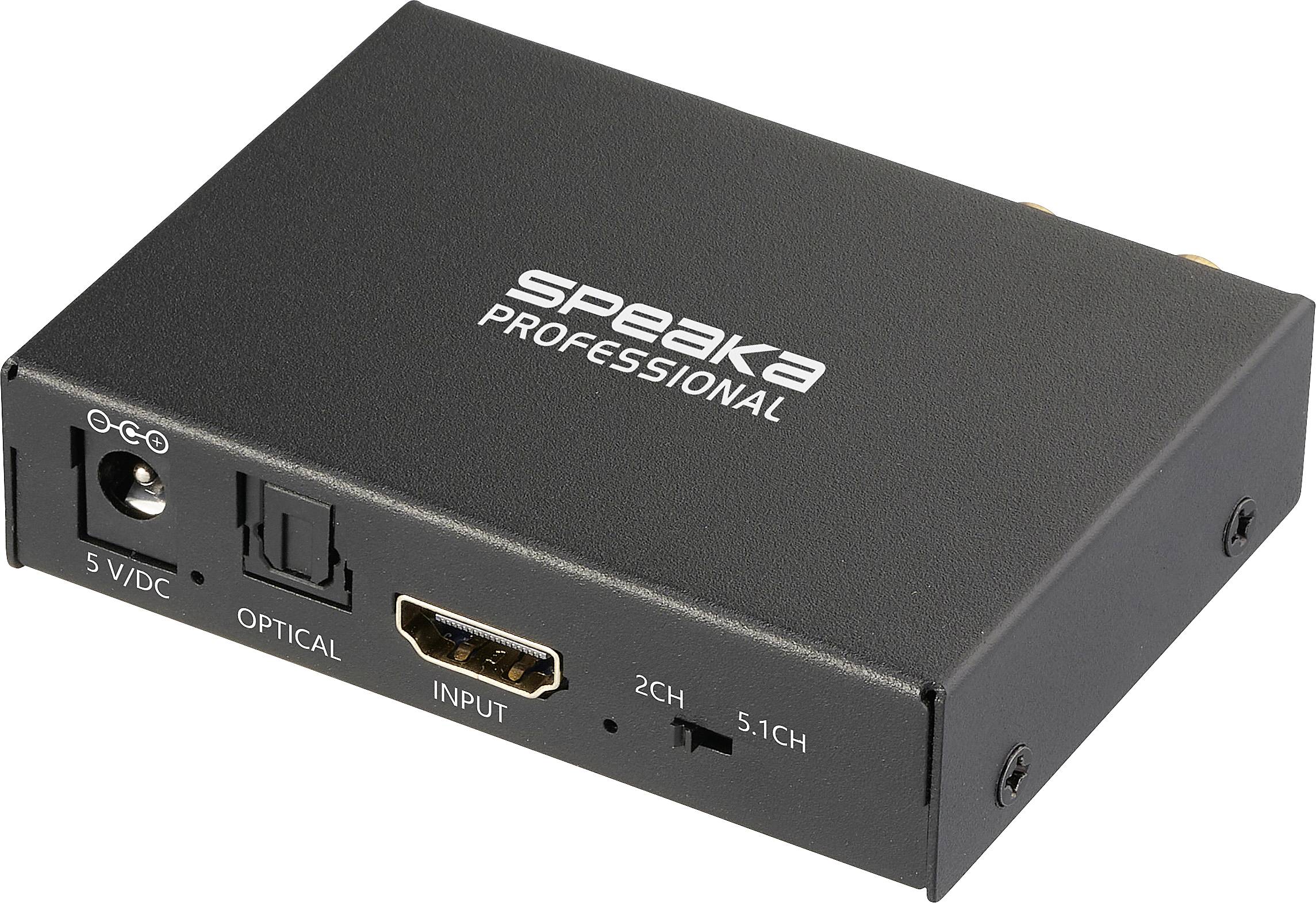 Een zwarte SpeaKa Professional audio-converter met optische ingang, HDMI-ingang en schakelaar voor 2-kanaals of 5.1-kanaals uitvoer.