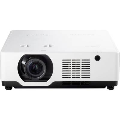 'Witte digitale projector met lens aan de linkerkant, ventilatiesleuven aan de voorkant en aan/uit-knop, geschikt voor presentaties of media-weergave.'