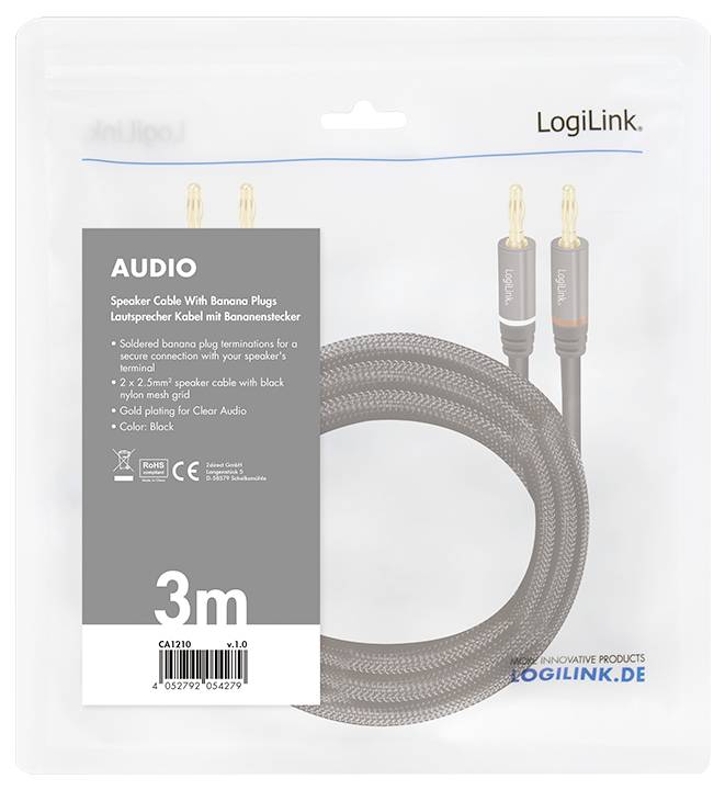 'LogiLink 3m luidsprekerkabel met bananenstekkers, zwart en wit, voor heldere audioaansluiting.'