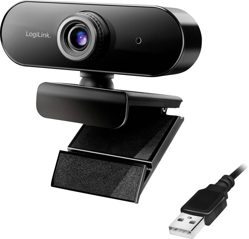 Een zwarte webcam met een geïntegreerde klem en een USB-connector kabel. De lens is gecentreerd met een cirkelvormig ontwerp, geschikt voor videogesprekken.