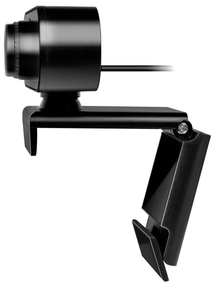 Een zwarte webcam met een ronde lens is gemonteerd op een verstelbare standaard, ontworpen om bevestigd te worden aan een monitor of oppervlak.