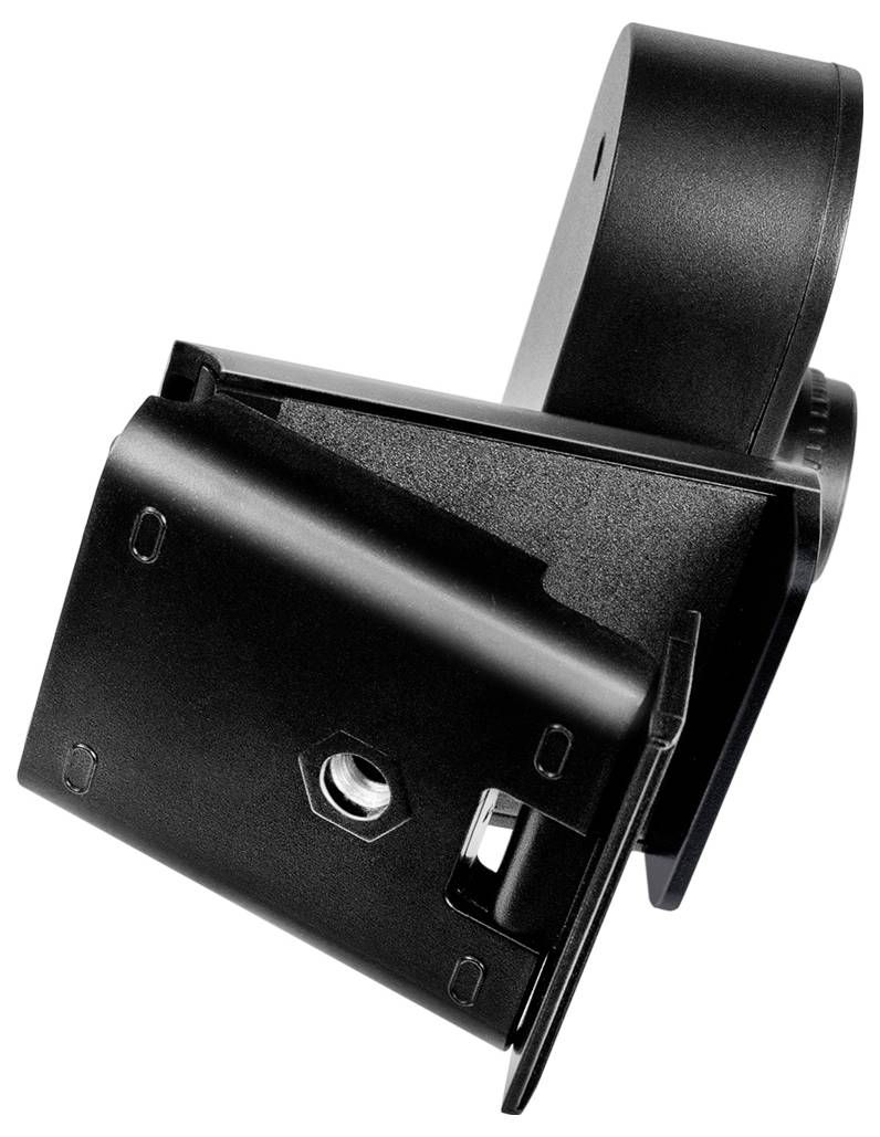 Een zwarte muurbevestigingssteun voor een camera, weergegeven vanuit een hoekige gezichtspunt, waarbij de montageopening en verstelbare verbindingspunten worden geaccentueerd.