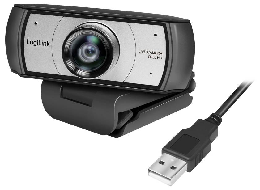 Een zwarte en zilveren LogiLink webcam met een USB-aansluiting, gelabeld als 'Live Camera Full HD'.