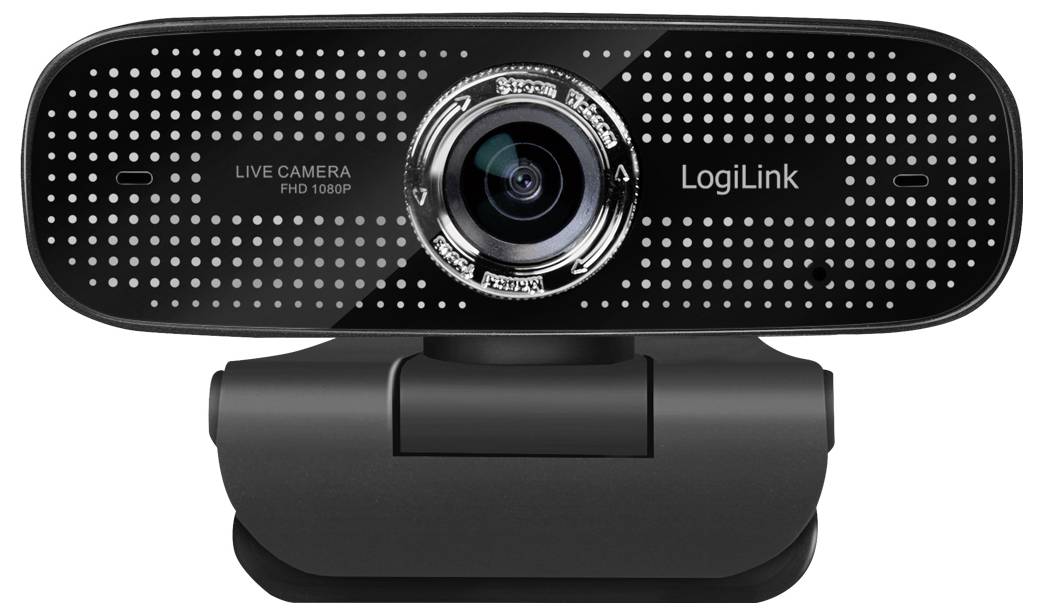 Een zwarte LogiLink webcam met wit gestippeld ontwerp, lens in het midden, en 'LIVE CAMERA FHD 1080P' tekst aan de linkerkant.