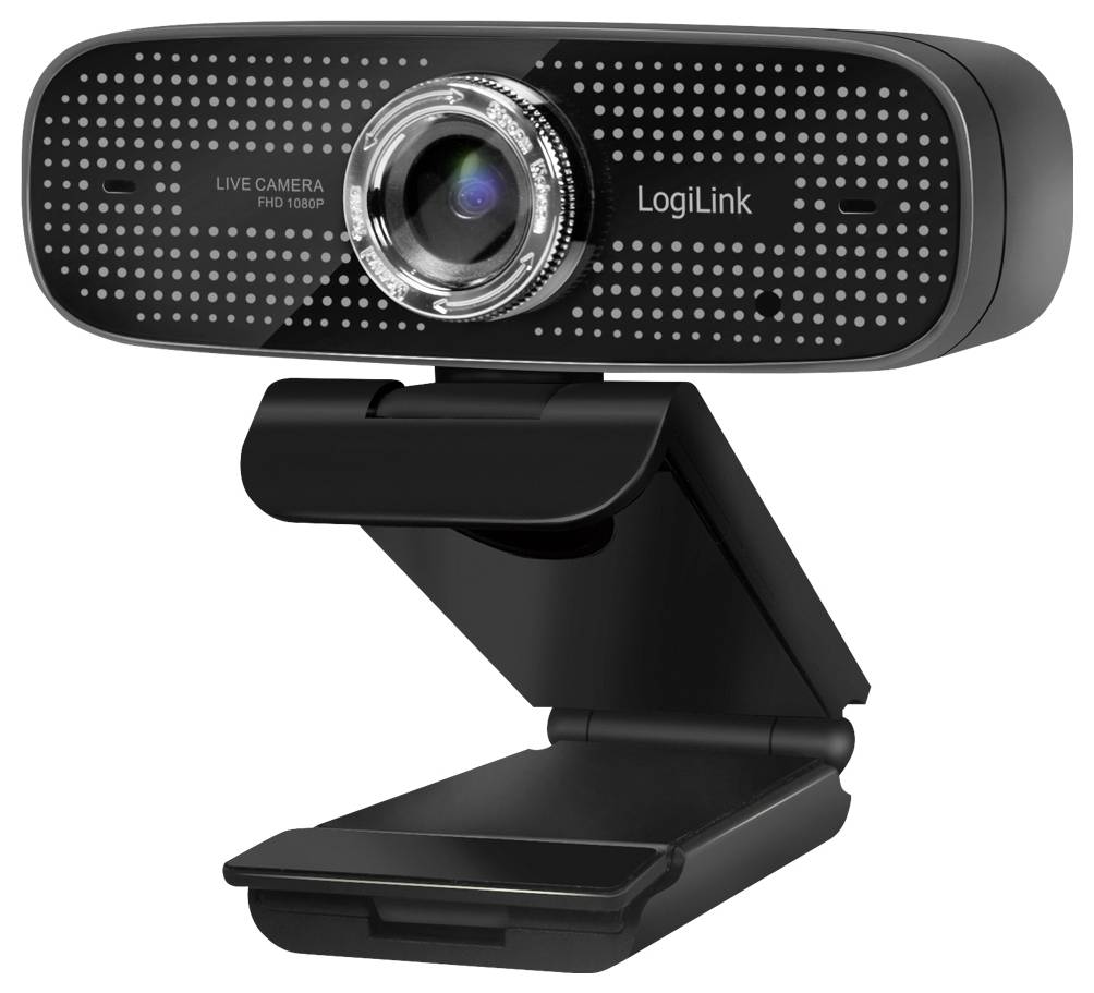 Een zwarte LogiLink webcam met een groothoeklens en LED-lampjes aan weerszijden van de lens, gemonteerd op een verstelbare klem voor eenvoudige bevestiging.
