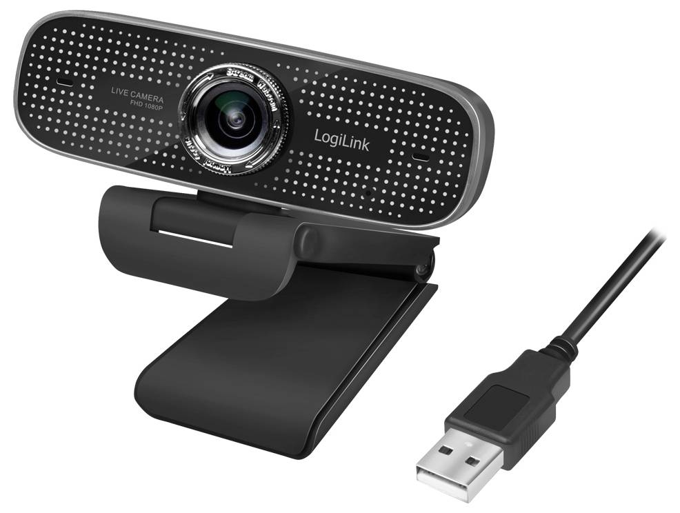 'LogiLink' merk HD-webcam met USB-aansluiting, voorzien van een verstelbare standaard geschikt voor desktop- en laptopcomputers.